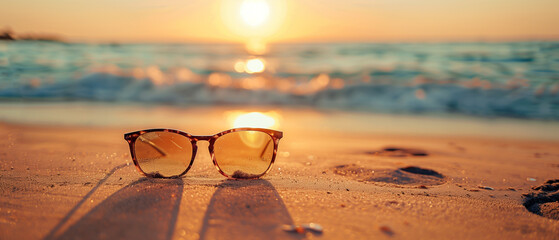 Fototapeta na wymiar Sunglasses on beach at sunset, sunlight, outdoors, relaxation, coastline