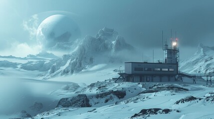 A desolate landscape with a large white building in the foreground. The building is surrounded by snow and rocks, and it is a research facility. The sky is cloudy and the atmosphere is cold