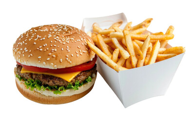 Cheeseburger and French Fries Arranged in a White Box isolated on transparent Background