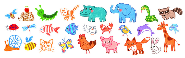 Felt pen vector colorful illustration set of child drawing of cute animals