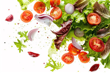 Tomato slices, lettuce leaves, and red onion slices scattered across a white background