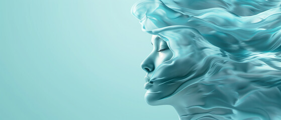 Woman's face with flowing water, blue background