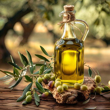 Virgin olives oil in bottle with olives twig