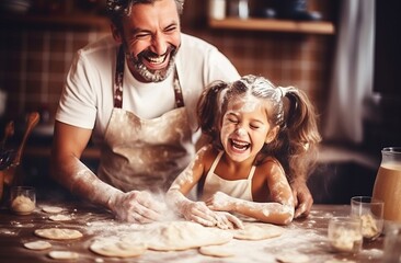 Father and child baking in kitchen