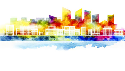 Colorful watercolor cityscape illustration, ideal for urban lifestyle concepts, real estate promotions, and cosmopolitan cultural events