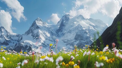 Fototapeta premium A field against the backdrop of snow-covered mountains. Top, clouds, rivers, skis, avalanche, air, climber, gorge, ridge, flowers, greenery, grass, nature, meadow. Generated by AI