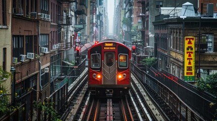 A red subway train is traveling down a track in a city. The train is surrounded by tall buildings and has a yellow sign on the side. The scene is bustling and busy, with people walking around - obrazy, fototapety, plakaty