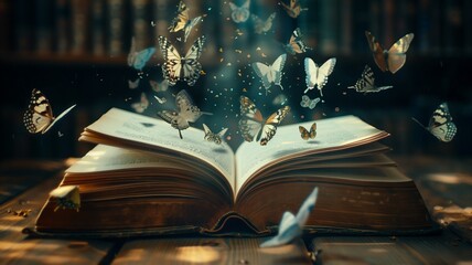 Butterflies coming out of an open book.Fantasy and literature concept.