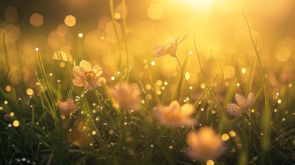 Field of grass with flowers and dew. Morning, moisture, dawn, rain, summer, sun, nature, condensation, plants, cobwebs, steam, leaves. Generated by AI - obrazy, fototapety, plakaty