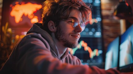 Obraz premium A man wearing glasses is sitting in front of a computer monitor with a map on the wall behind him