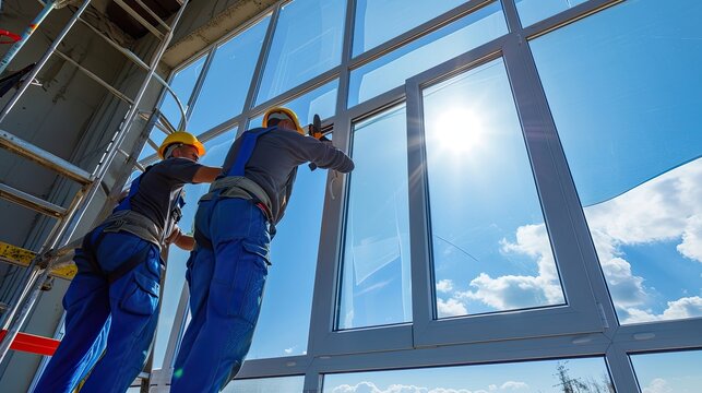 Workers installing windows. Renovation project, skilled workers, installation services, building maintenance, home improvement. Generated by AI