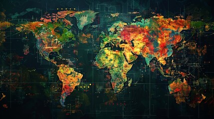 A colorful world map with a green and yellow border. The map is filled with different colors and patterns, giving it a vibrant and lively appearance. The map is designed to showcase the diversity