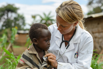 Blonde European nurse cares for African child in Africa 