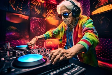 Amazing grandma DJ, older lady djing and partying in a disco setting