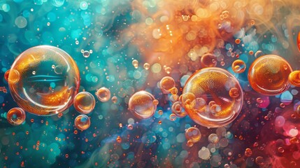 A colorful image of many bubbles floating in the air. The bubbles are of different sizes and colors, creating a vibrant and lively atmosphere. Concept of joy and playfulness - obrazy, fototapety, plakaty