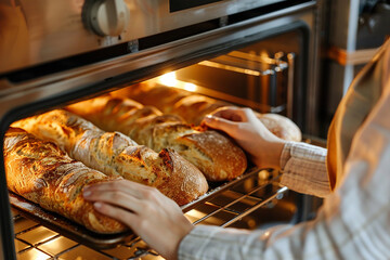 Image of a woman's hands holding out a tray of freshly baked bread at work. Working women. Bakers.