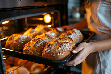 Image of a woman's hands holding out a tray of freshly baked bread at work. Working women. Bakers.