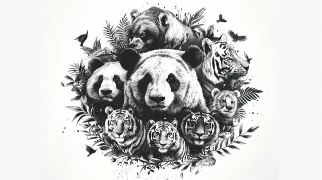 black and white sketch art of endangered species, Earth Day or World Wildlife Day concept. Save our planet, protect green nature and endangered species, biological diversity theme