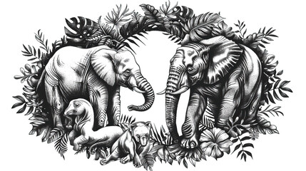black and white sketch art of endangered species, Earth Day or World Wildlife Day concept. Save our planet, protect green nature and endangered species, biological diversity theme
