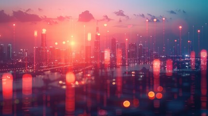 Fototapeta premium A city skyline with a bright orange sun in the background. The city is lit up with lights and the sky is filled with a mix of red and blue colors. Scene is energetic and vibrant