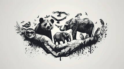 black and white sketch art of endangered species, Earth Day or World Wildlife Day concept. Save our planet, protect green nature and endangered species, biological diversity theme