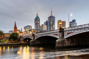 Princes Bridge City Buildings Yarra River Melbourne Australia Evening 2