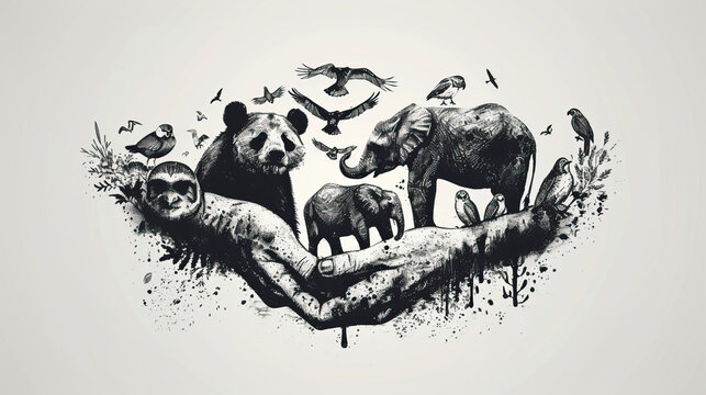 black and white sketch art of endangered species, Earth Day or World Wildlife Day concept. Save our planet, protect green nature and endangered species, biological diversity theme - Powered by Adobe