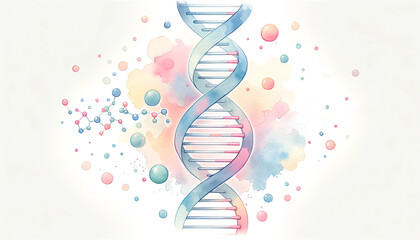 Abstract watercolor illustration of DNA helix with colorful splashes, relating to biotechnology, genetics research, and World DNA Day - obrazy, fototapety, plakaty