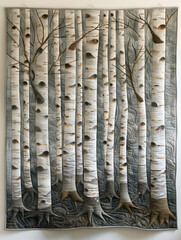a group of silver birch trees. the trees are padded to create a 3D effect