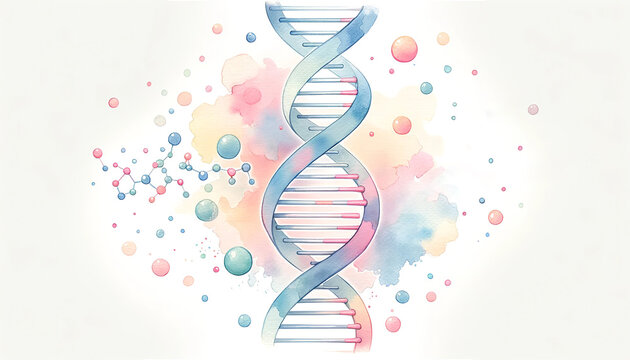 Abstract watercolor illustration of DNA helix with colorful splashes, relating to biotechnology, genetics research, and World DNA Day