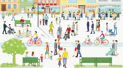Obraz na płótnie Canvas Stadtsilhouette mit Menschengruppen in der Freizeit im Wohnviertel, Illustration