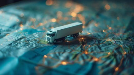 A toy truck is parked on top of a detailed interstate map, representing logistics and transportation planning