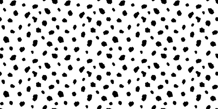 Dalmatian pattern. Black and white vector animal dalmatian fur. Seamless pattern of black dots different forms on white background