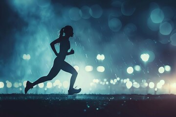 Female athlete running silhouette at night stadium, determination and perseverance, digital art - obrazy, fototapety, plakaty