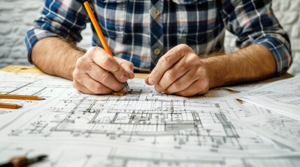 An engineer working on blueprints at a drafting table.  - obrazy, fototapety, plakaty