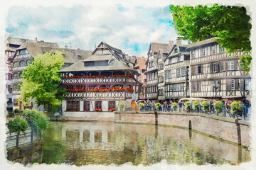Picturesque street scene with promenade and medieval houses over a water canal in Strasbourg, France. Watercolor painting.