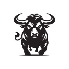 Vector Silhouette of an Angry Ox Exuding Raw Power and Intensity in Motion- Angry OX Black Vector Stock.