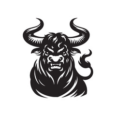 Vector Silhouette of an Angry Ox Exuding Raw Power and Intensity in Motion- Angry OX Black Vector Stock.