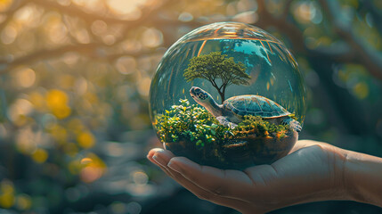 glass globe with a turtle inside it, holded in hand of a human, Earth Day or World Wildlife Day concept. Save our planet, protect green nature and endangered species, biological diversity theme