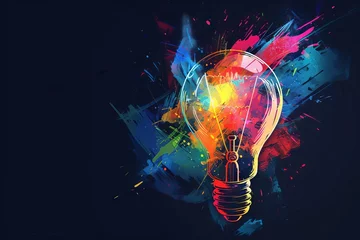 Fotobehang Glowing light bulb with colorful idea banner and copy space, creative thinking concept illustration © furyon