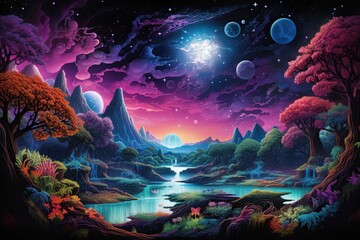 Fantasy alien planet with colorul landscape. Ai generative