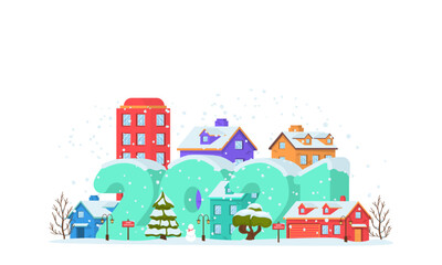 2021 on Panoramic winter landscape in city park with snow covering. Happy New Year 2021 with winter landscape in city on Christmas eve. Cityscape. Buildings. Vector illustration