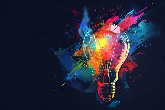 Glowing light bulb with colorful idea banner and copy space, creative thinking concept illustration