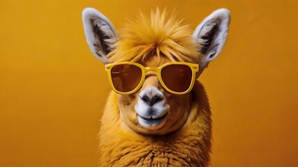 Illustration of Cute and funny lama in retro sunglasses isolated on studio yellow background. Concept of vacation, travel, cards, design, party, birthday. AI generated - obrazy, fototapety, plakaty