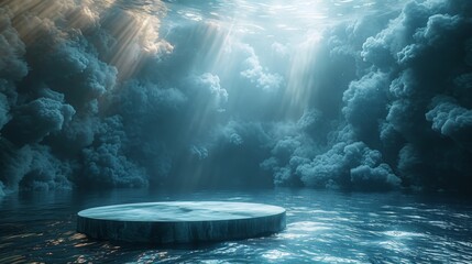 Dreamlike underwater scene with a circular glass podium surrounded by a sea of clouds, evoking serenity
