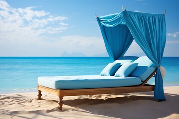 Fototapeta na wymiar a blue canopy bed on a beach