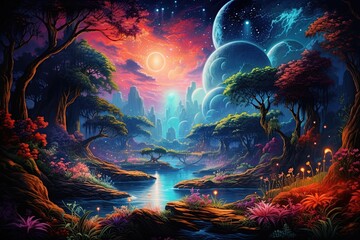 Obraz na płótnie Canvas Fantasy alien planet with colorul landscape. Ai generative