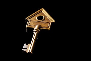 a gold key with a house shaped keyhole
