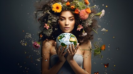 woman's hands holding the earth, save the planet, earth day concept - obrazy, fototapety, plakaty