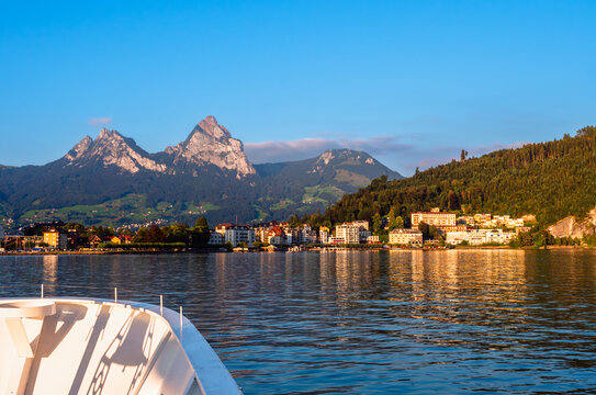 A view from the lake Urnersee or Lake Luzerne at Brunnen, a town in the political municipality of Ingenbohl, located on Lake Lucerne in the Schwyz district of the canton of Schwyz in Switzerland.